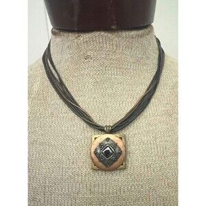 Chico's Copper Metal Inlaid Tribal Pendant Faux Leather Cord 19" Necklace